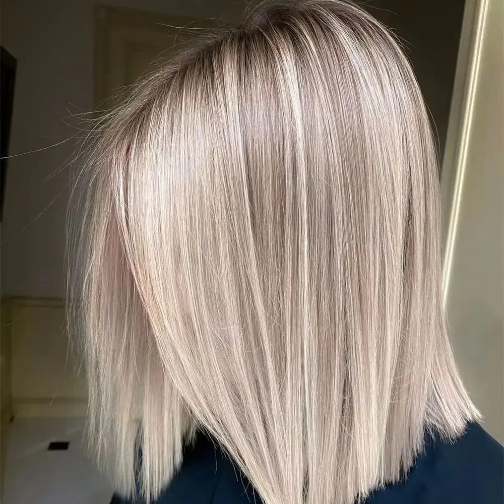 

12 Inches 13x4 Ombre Icy Platinum Blonde Synthetic Lace Front Wig with Roots Preplucked Realistic Hairline Short Straight Bob