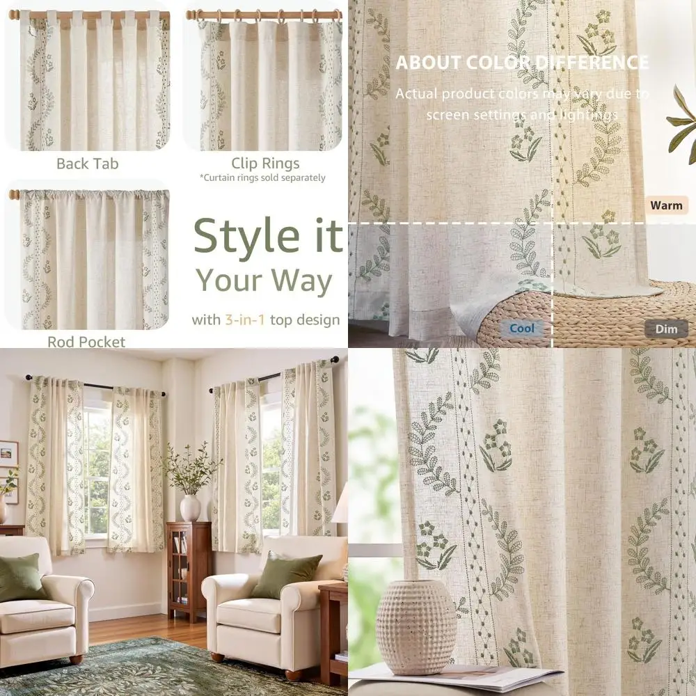 

Floral 63 Sage Green Embroidered Curtains, Farmhouse Style, 4-Panel Set for Bedroom and Living Room