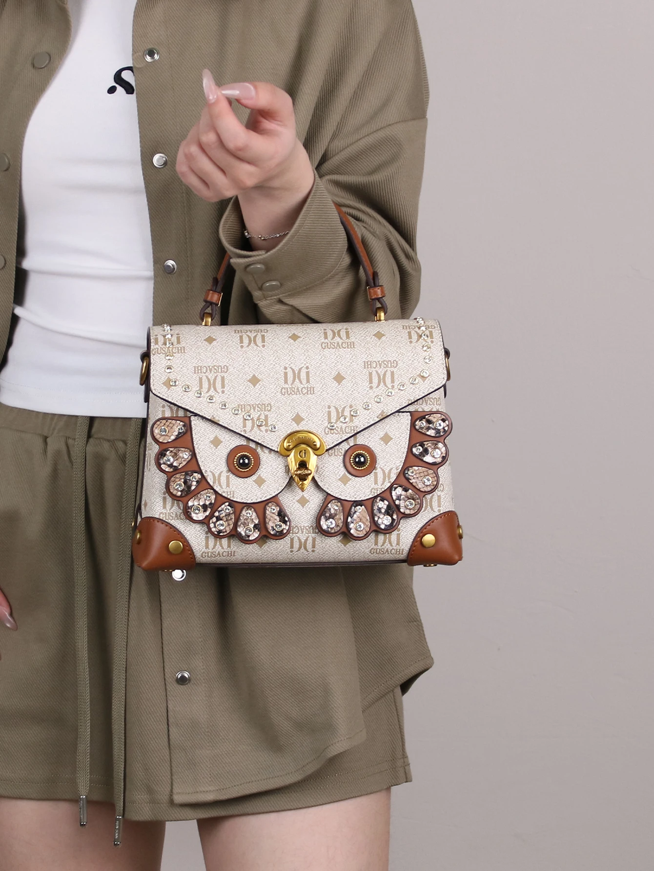 2026 niche design fashion new ladies finalize the design small square bag retro color matching printing heavy metal owl rivet ba view 6