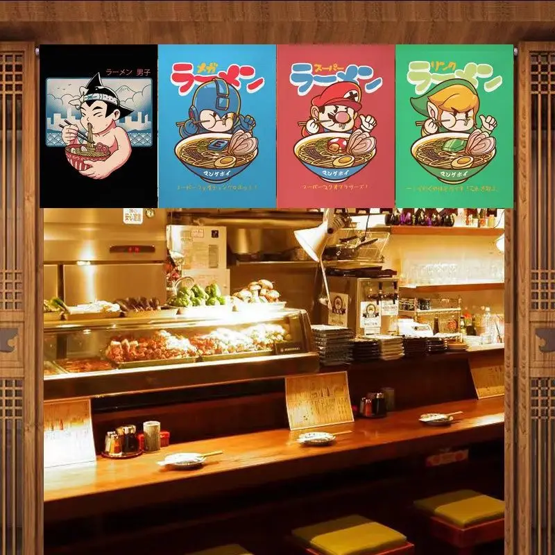 VIKAMA Ramen Banner 4 Pcs Funny Cartoon Boy Japanese Food Bunting Flag for Izakaya Restaurant Shop Kitchen Wall Decor Art