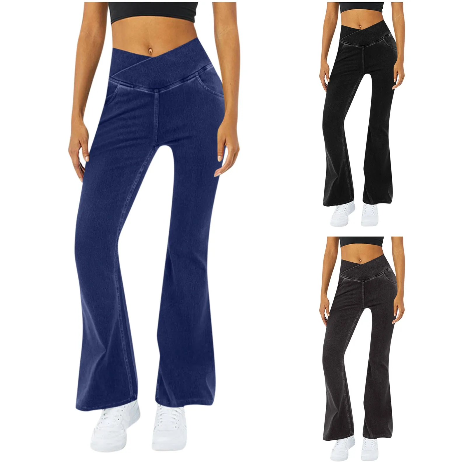 Women\'s Flare Pants Solid Color High Waist Motion Regular Jeans High Waisted Pocket Cool Breathable Washed Stretchy Flare Pants