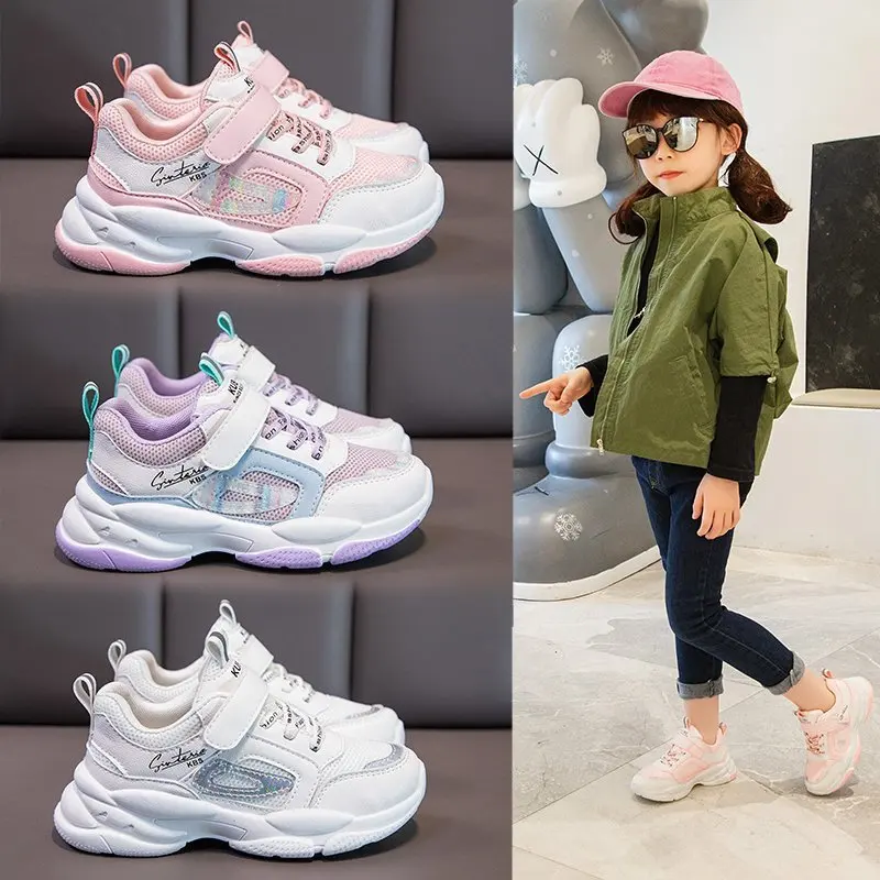 2024 Spring Girls Mesh/Leather Soft Sole Outdoor Sneakers Baby Breathable Running Shoes Children Light Soft Tennis Non-Slip Shoe