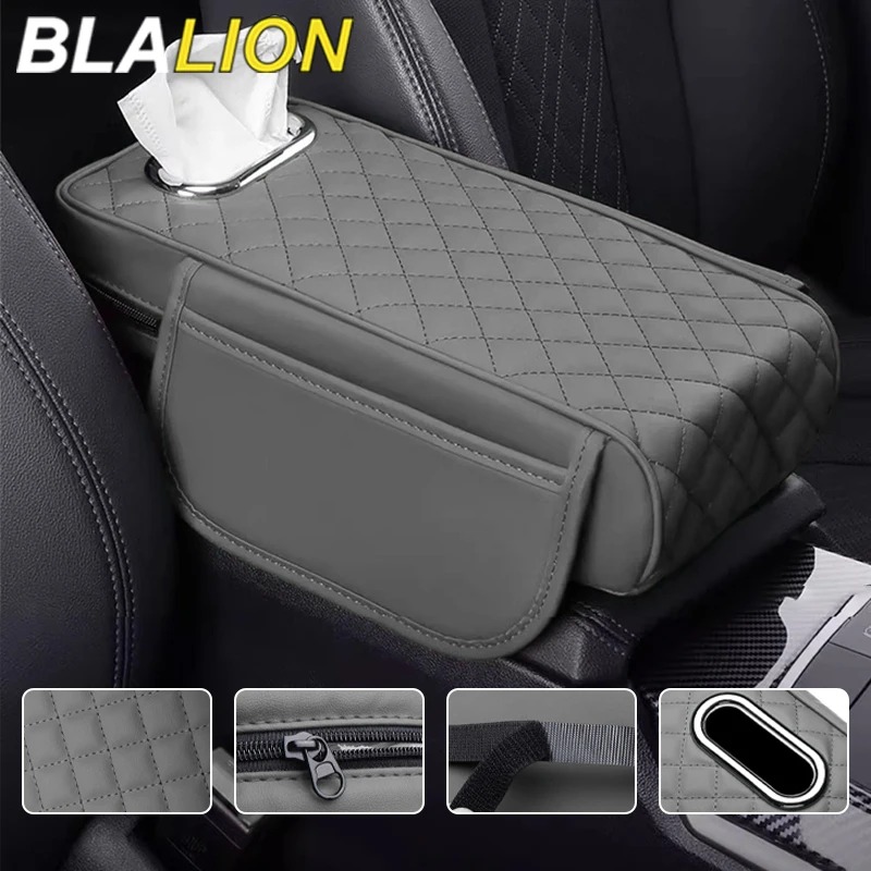 BLALION Car Armrest Cover PU Leather With Tissue Storage Memory Foam Height Pad Auto Center Armrest Protective Cushion Support