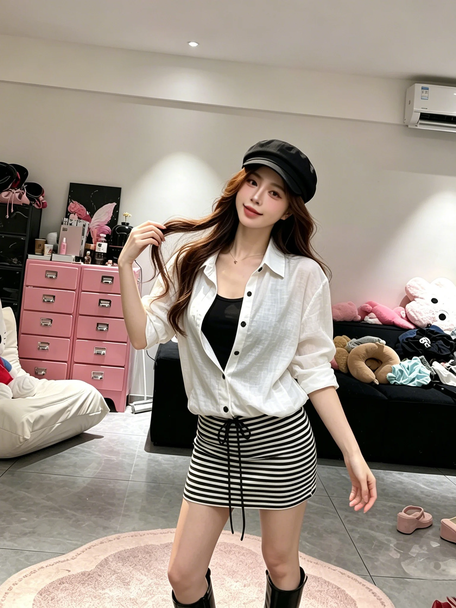 

White Long Sleeve Sun Protection Shirt Sexy Slim Fit Ambiance Loose Collar Stripe Wrap around Skirt Commute Two Piece Set Women