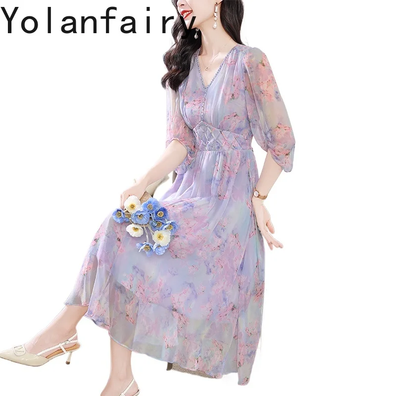 

YOLANFAIRY, платья из 100% натурального шелка тутового шелка, летняя женская одежда, элитное элегантное платье с цветочным принтом, женские платья с завязкой на талии