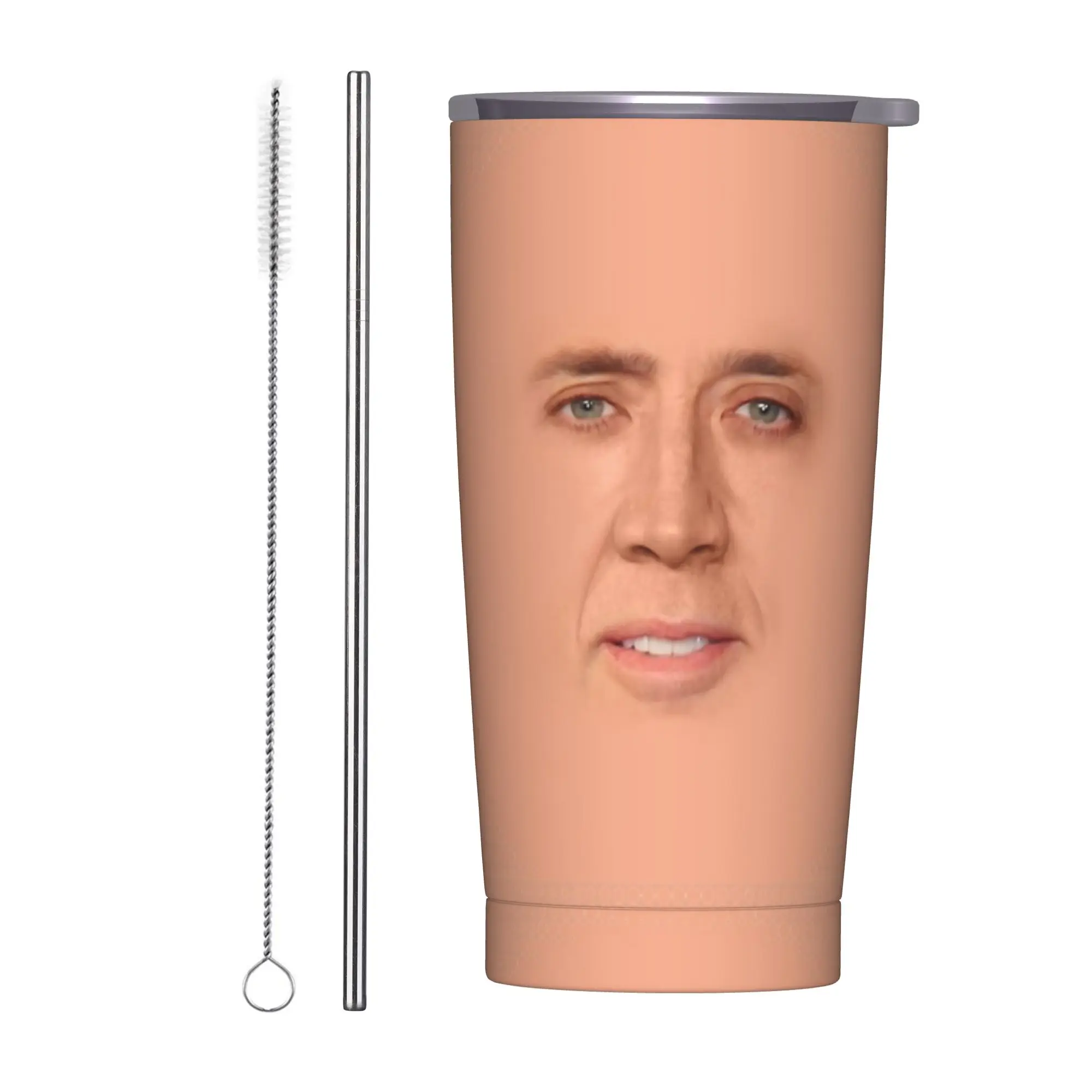 Nicolas Cage Face Insulated Tumbler with Straws  Stainless Steel Thermal Mug Outdoor Portable Bottle Cup, 20oz