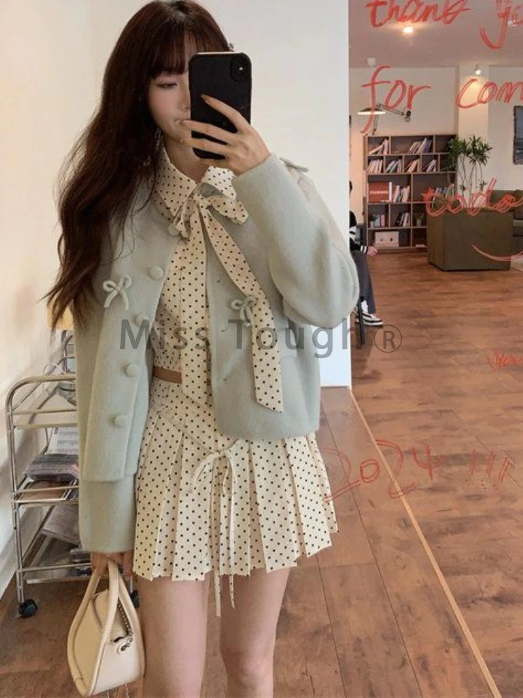 Autumn Winter Korean Fashion Loose 3-piece Set Women Sweet Chic Bow Long Sleeve Coat Polka Dot Shirt + Ruffle Lace Up Skirt Suit