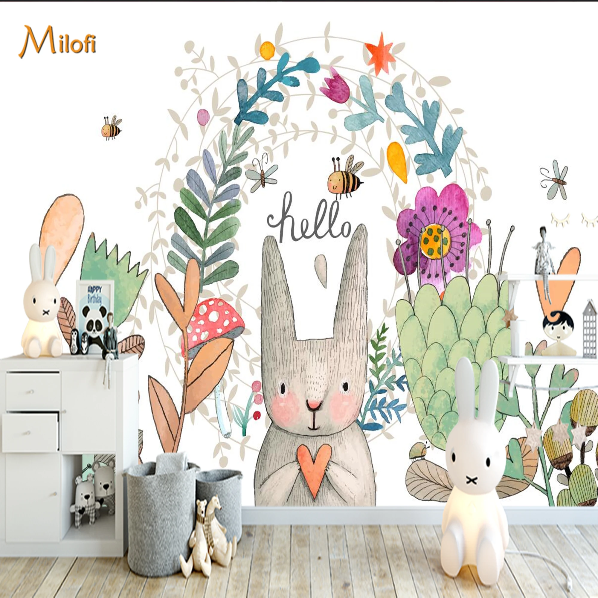Custom Mural Wallpaper Kids Peel And Stick Wall Cute Rabbit Bee Floral Mushroom Woodland For Nursery Bedroom Home Decor
