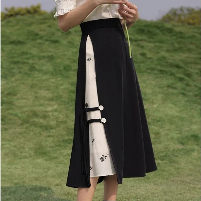 New 2025 Chinese Style Women Skirts High-waisted A-line Splicing Summer Floral Printed Fashion Skirt Woman