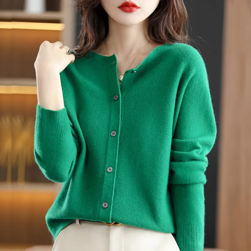 100% Merino Wool O-neck Cardigan Women's Korean Solid Color Knit Top Sweater Cardigan Women's Clothes