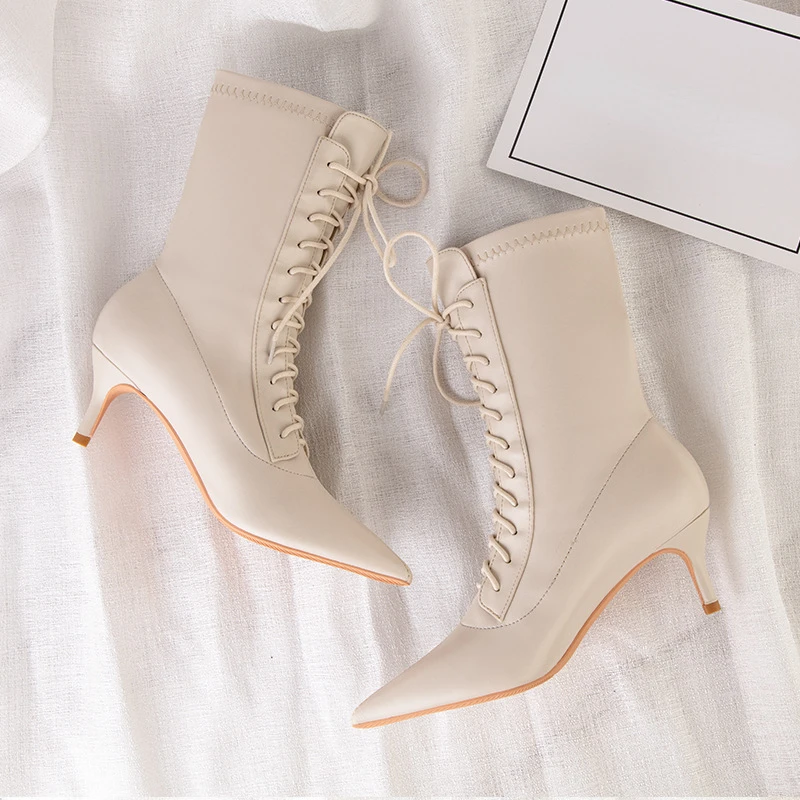 Luxury Brand 2022 Women\'s Boots Fashion Lace-up Pointed Thin Heels Boots Female Elastic Boots Plus Size 43 Ankle Boots Women