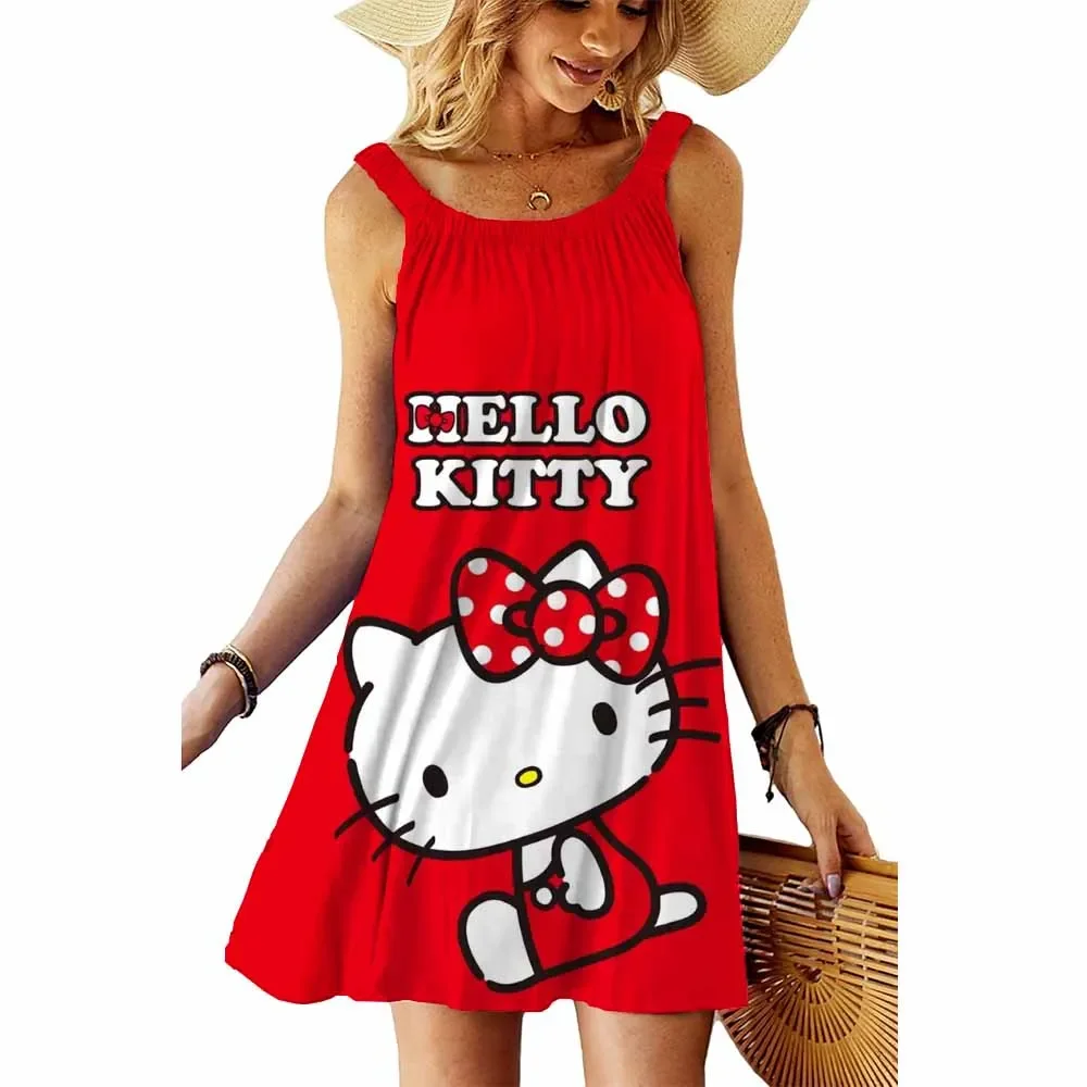 Vestido sexy con estampado de Hello Kitty de verano para mujer, estampado de moda de Hello Kitty, corte informal, sin mangas, cuello redondo, camiseta, vestido de playa