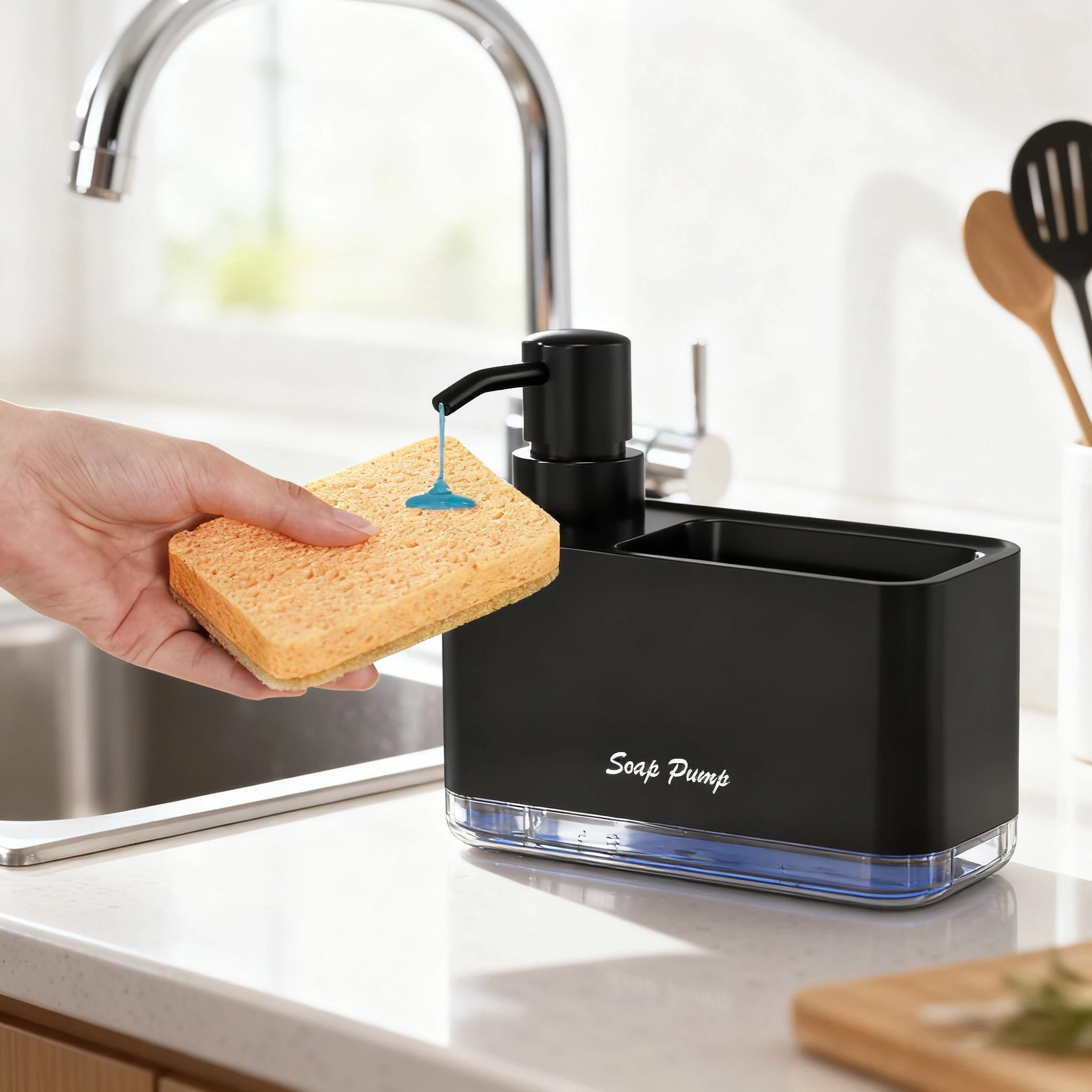 Dish Soap Dispenser for Kitchen,Liquid Soap Dispenser Kitchen Soap Dispenser with Sponge Holder,Sponge Caddy Soap Pump Dispenser