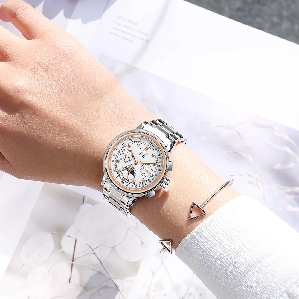 Forsining Fashion Ladies Stainless Steel Case Moon Phase Mechanical Watch Women's Multifunctional Diamond Dial Automatic Clock