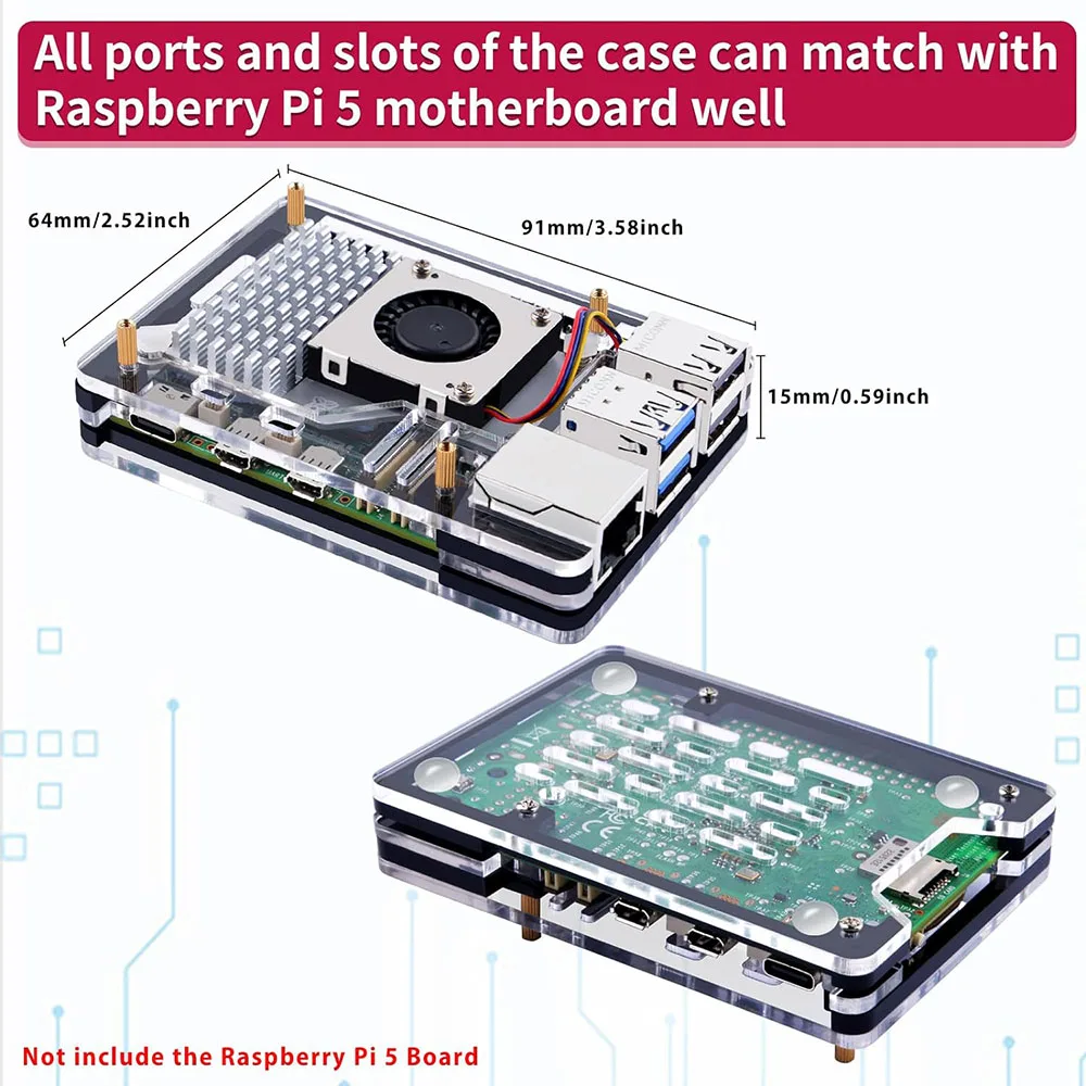 Raspberry Pi 5 5-Layers Case with Active Cooler Kit, Active Cooing Fan, Protective Case Shell Box Set for Raspberry Pi5