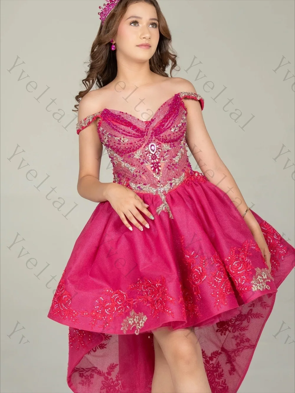 Customized Graceful Temperament Sparkling Luxurious High-Low Mini Pink Quinceanera Dresses Exquisite Sequin Boat Neck Gown