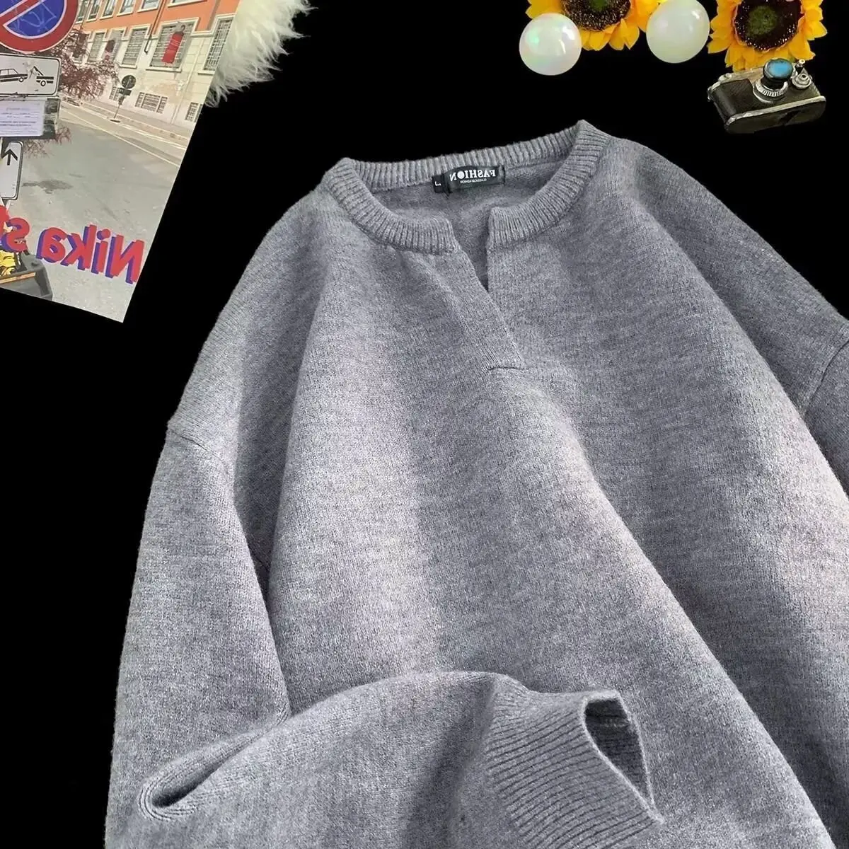 

Свободный вязаный базовый женский повседневный тонкий модельный свитер с v-образным вырезом, осень-зима, удобный топ больших размеров из полиэфирного волокна