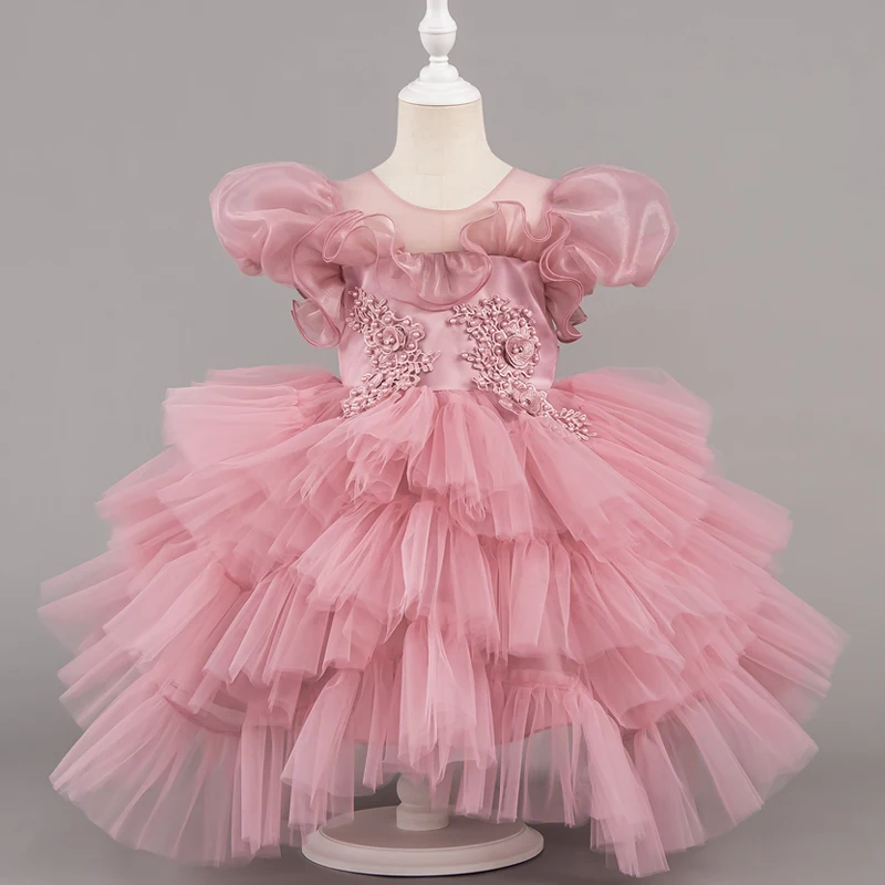 

In Stock Kid Girl Gown Dresses Children Puff Sleeve Mesh Dress Baby Girl Clothing Toddler 1st Birthday Baptism Party Gown