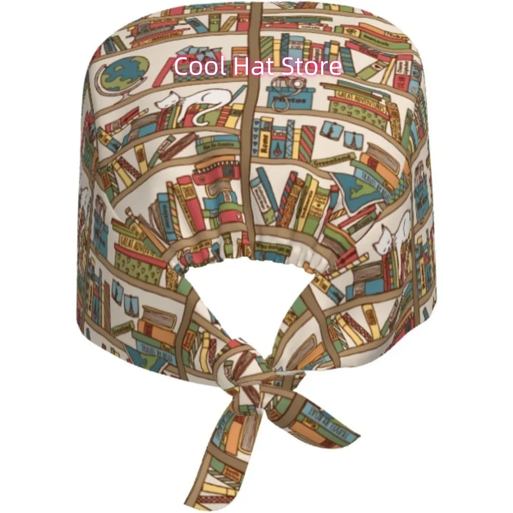 1pc Adjustable Nurse Scrub Cap with Sweatband & Symbols (Stethoscope/Bookshelf) -Bookshelf Cat Resting Pattern Design