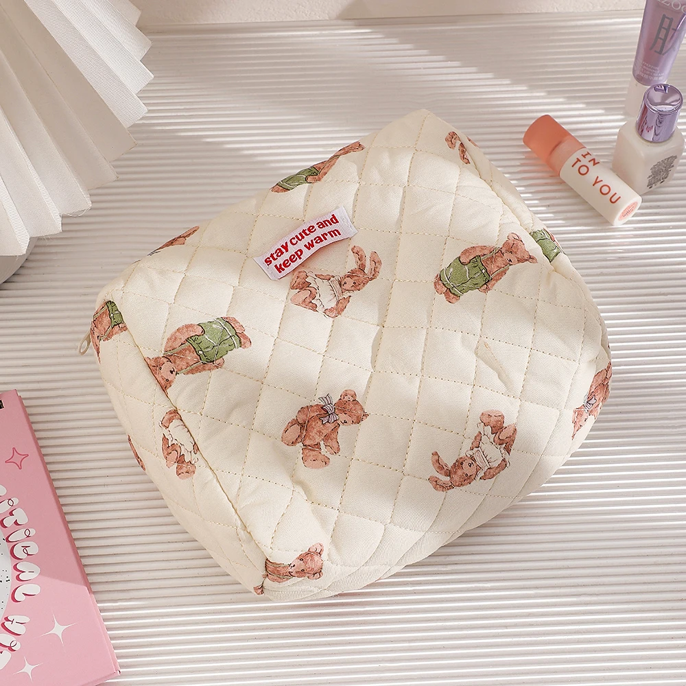 Quilted Cotton Ladies Travel Storage Bag Bear Rabbit Women\'s Cosmetic Bags Cute Design Girls Pencil Case Makeup Bag Handbags