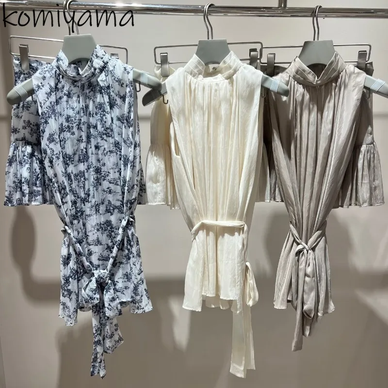 

2025 New Two Piece Sets Japanese Sweet Fairy Print Woman Set Sleeveless Bandage Tunic Shirts Blouses Loose Casual Shorts