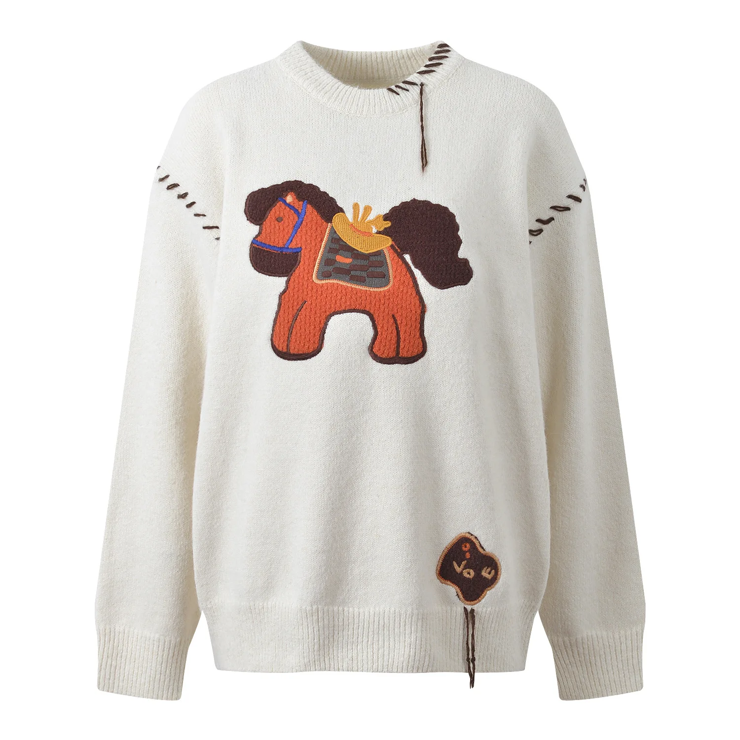 Maglione lavorato a maglia allentato dal design ricamato Faionable. Simpatico pullover rotondo da donna, stagione primaverile, abbigliamento casual