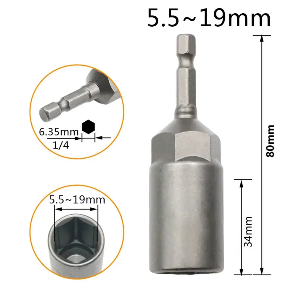 5.5-19mm Impact Socket Adapter 80mm Length Deepen Power Nut Driver Drill Bit Set for Power Tools 6.35Mm Hex Shank Quick Adapter