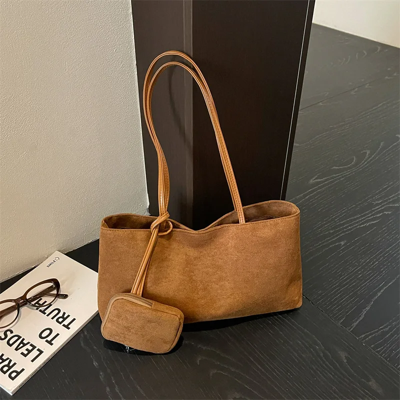 Luxury Faux Suede Shoulder Bag New Underarm Tote Bag Casual Solid Commuter Vintage Minimalist Large Capacity Women Handbag