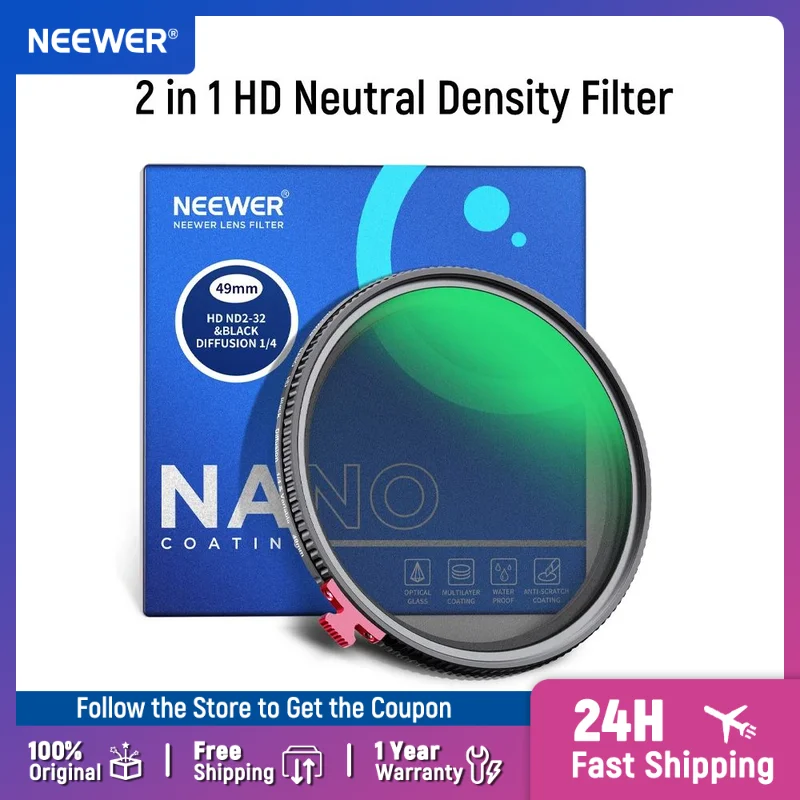 NEEWER 52/55/58/62/67/72/82mm Black Diffusion 1/4 Effect with ND2-ND32 Variable ND Filter 2 in 1 HD Neutral Density Filter