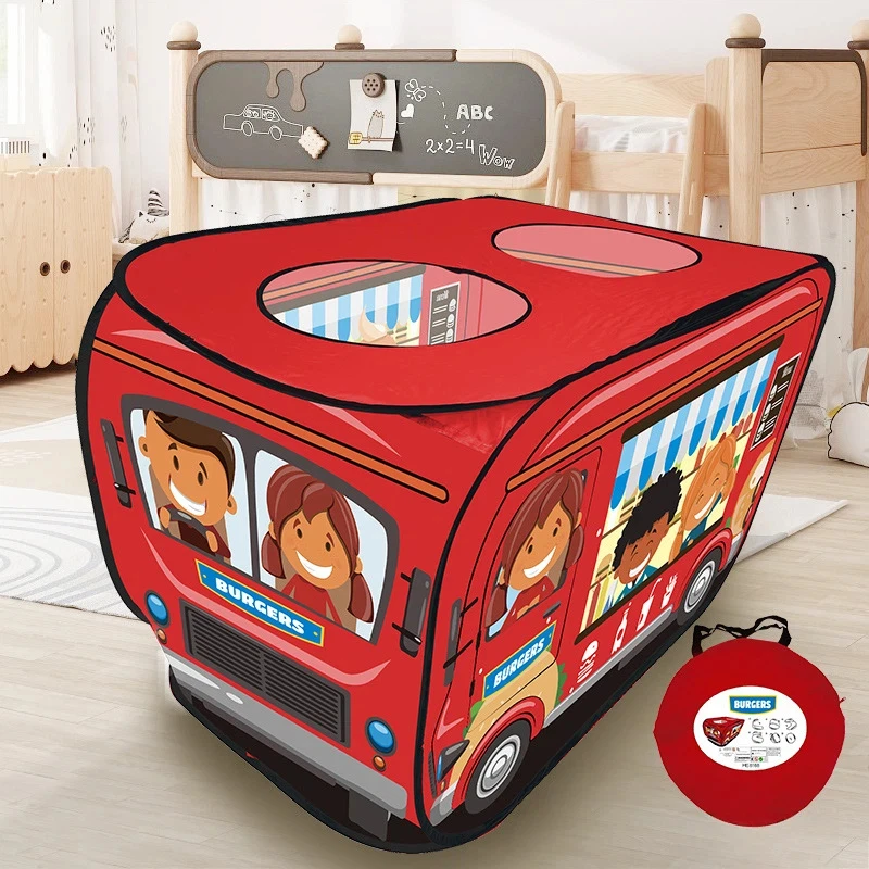 Kids Role-Play Bus Tent Automatic Pop-Up Sunroof Playhouse for Indoor Outdoor Imaginative Games Camping Toy Gift
