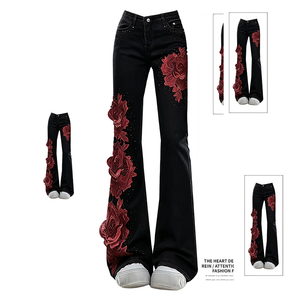 

Rose Patchwork Y2K Hot Girl Long Pants Retro American Style Black Flared Jeans Women's Autumn Winter High Waist Casual Bottoms