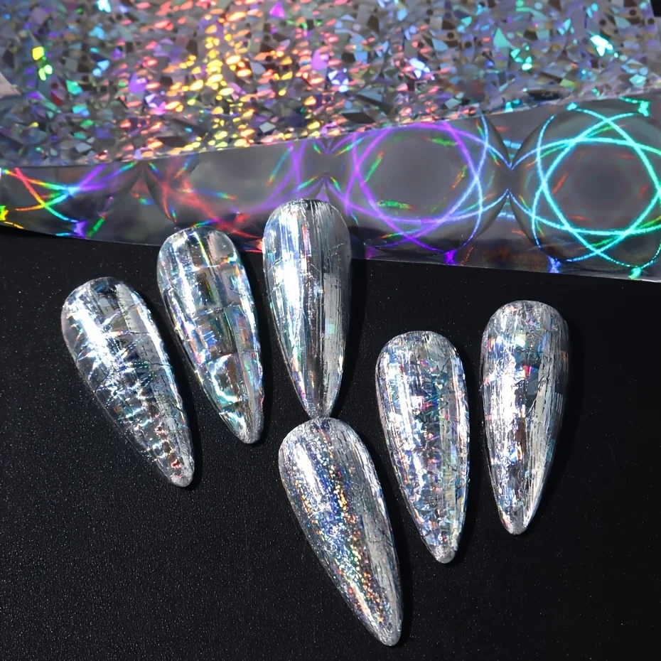 10 Pieces of Laser Holographic Starry Sky Nail Stickers, Shiny Rainbow Aurora Nail Stickers, Geometric Glitter Nail Art Stickers, Suitable for Nail DIY Salon Care Products