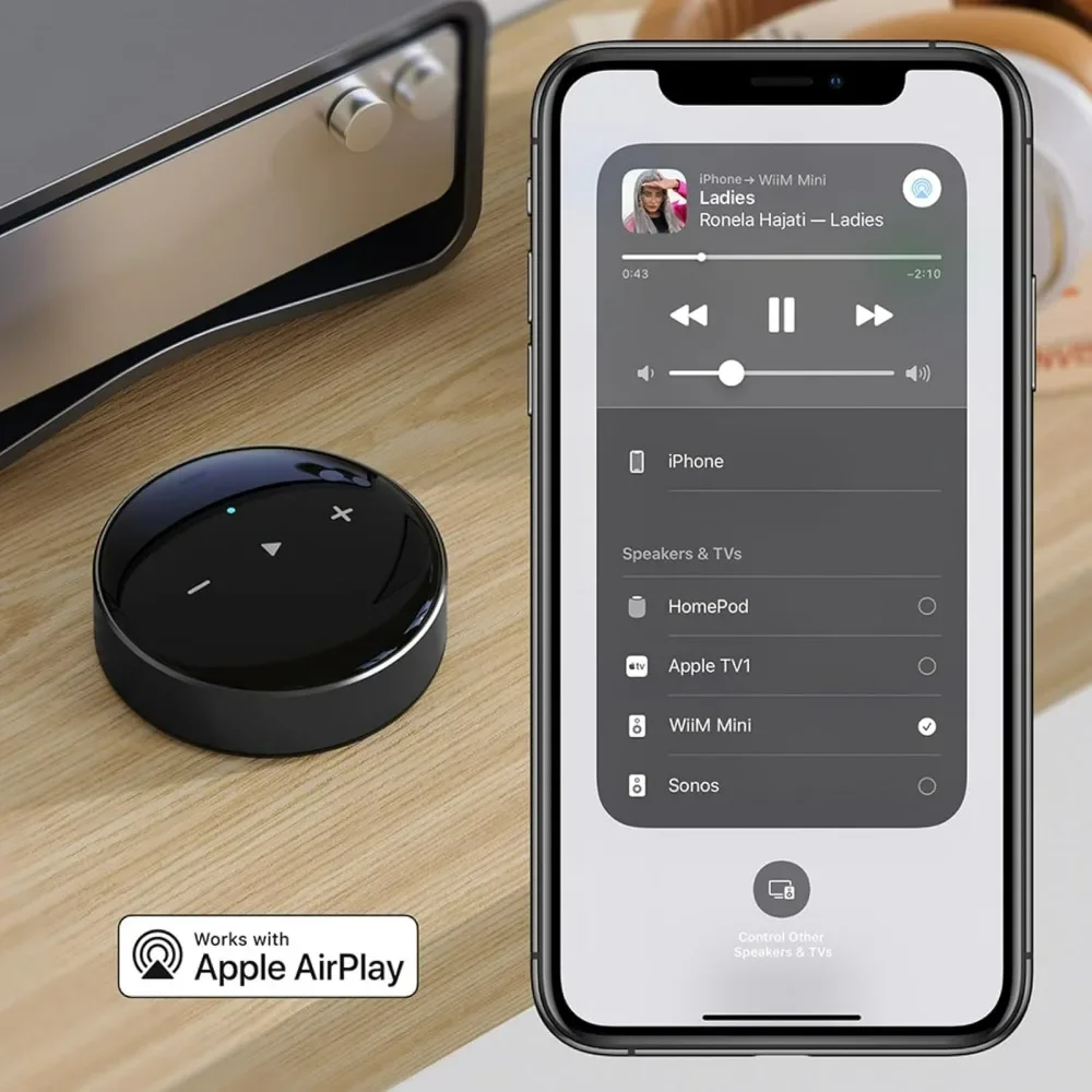 Mini AirPlay2 Wireless Audio Streamer, Multiroom Stereo, Preamplifier, Stream Hi-Res Audio from Spotify, Amazon Music and More