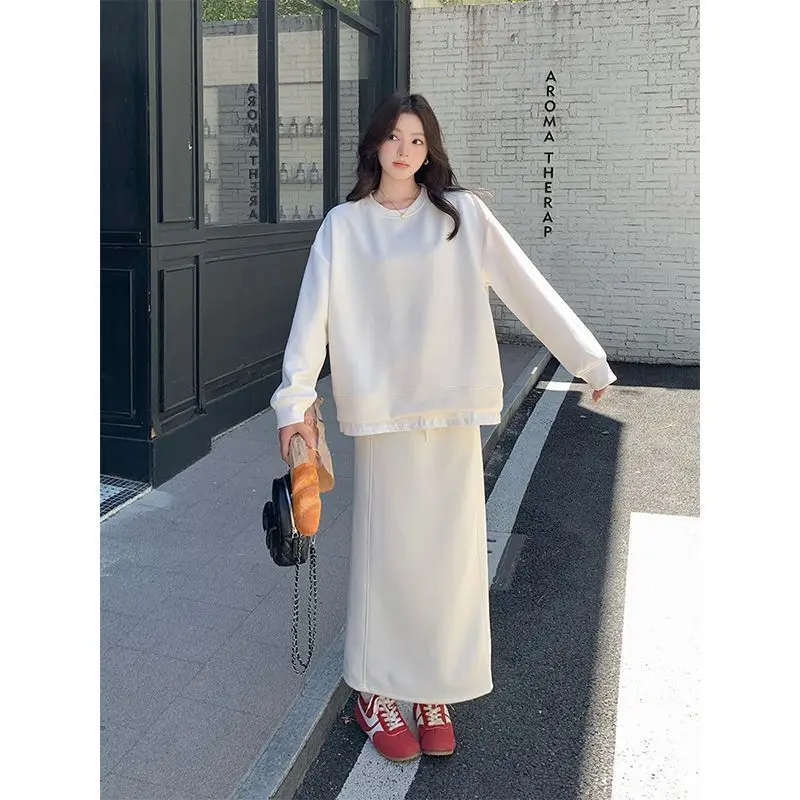 Women's Casual Two-Piece Set with Split Midi Skirt - Oversize Fake Two-Piece Sweatshirt & High Waist Long Skirt Spring Autumn