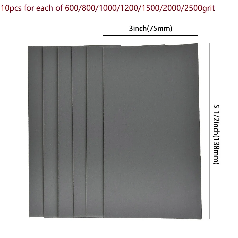 70pcs Sandpaper Wet/ Dry 600 800 1000 1200 1500 2000 2500 Grit Waterproof Sandpape For Wood Metal Abrasive Polish Tool