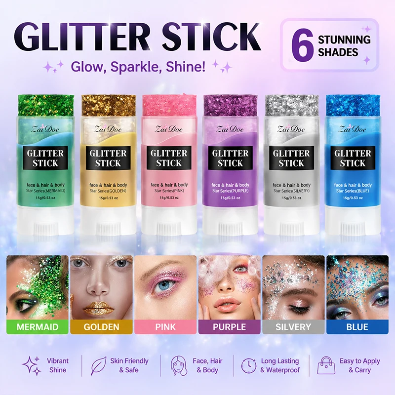 ZaiDoc 12pcs Glitter Stick 6 Colors 15g Each Shimmer Makeup for Face Hair Body Sparkling Cosmetic Glitter for Party Festival Rave SkinFriendly Easy to Use