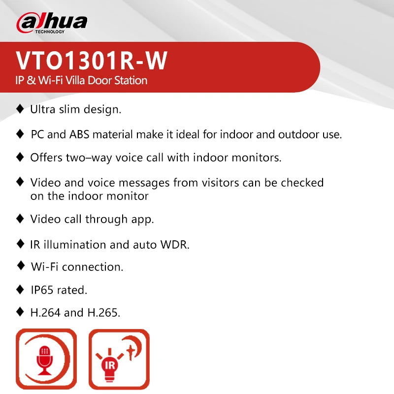 Dahua 2MP IP & Wi-Fi Villa Door Station VTO1301R-W Two–way Talk Video Intercom WDR IP65 IR Doorbell APP Ultra Slim Design