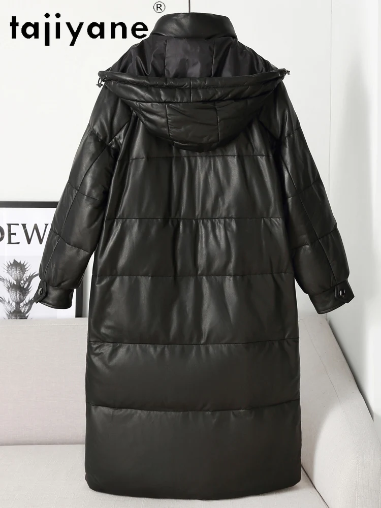 TAJIYANE 100% piumino d'oca in pelle di pecora a grana superiore con cappuccio nero lungo piumino in vera pelle donna 2025 abiti invernali و