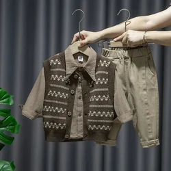 Boys Baby Clothing Suit New Children's Vest Shirt Pants 3-piece Children's Spring and Autumn Cardigan Sweater Set