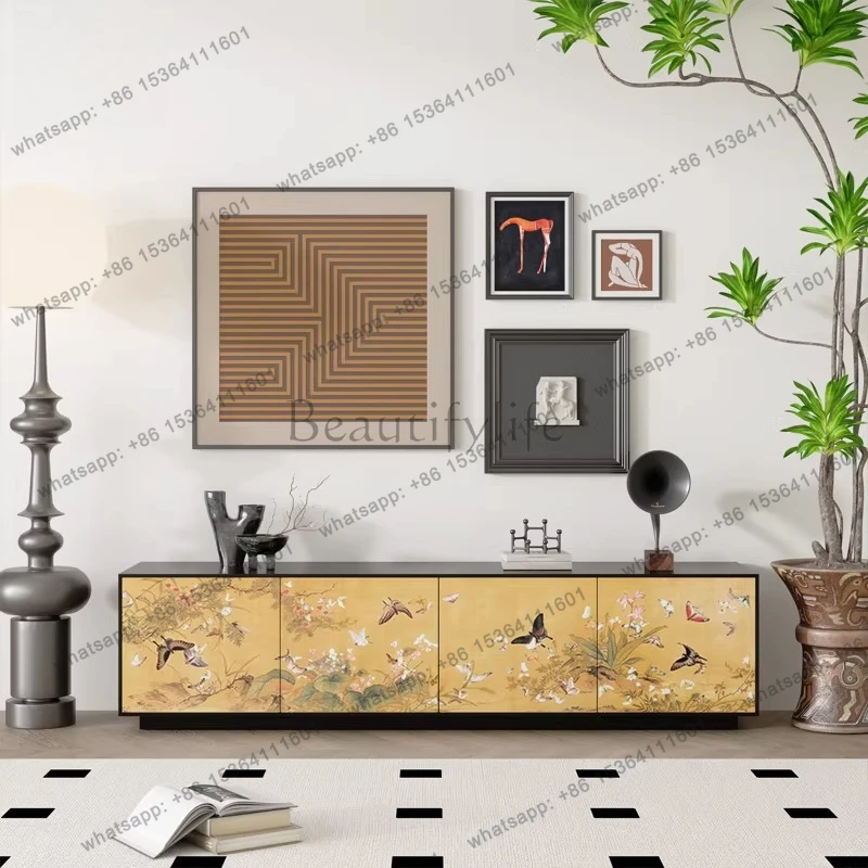 Solid wood TV cabinet landscape painting living room decoration household integrated locker