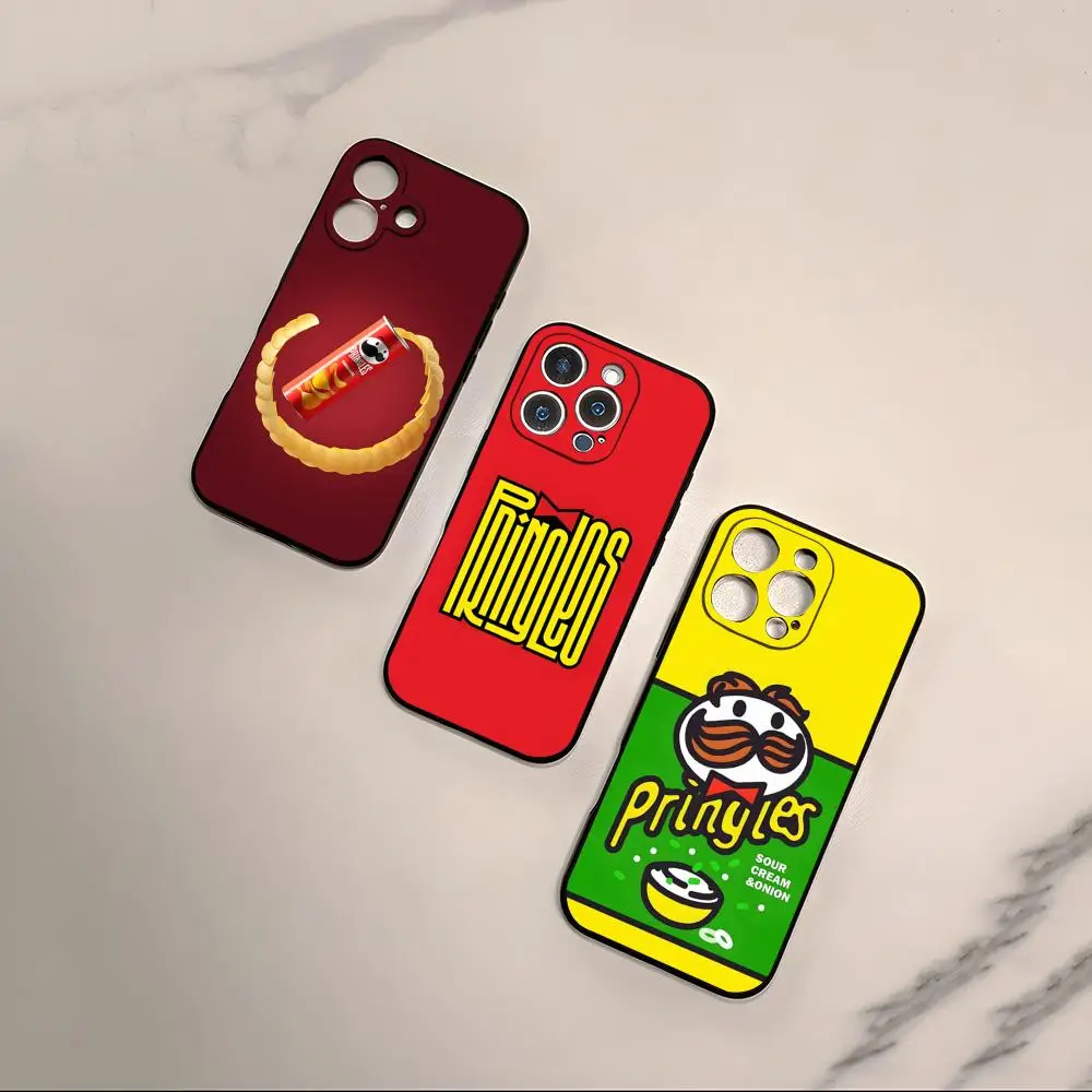 Funda para Teléfono con Diseño de Papas Fritas Pringles para iPhone 17, 16, Pro Max, 15, 14, 13 Mini, 12 Pro, 11, XS Max, 7, 8 Plus, Negra, Carcasa Suave