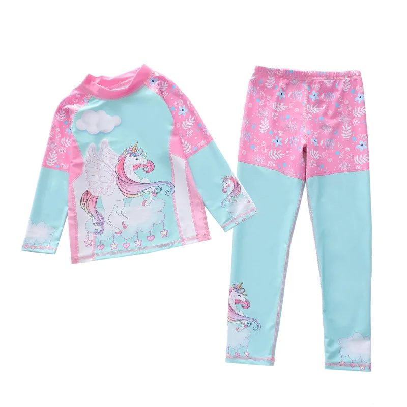 

HappyFlute 2PCS Cartoon Unicorn Split Long Sleeve With Trousers Baby Girl's Conservative Sunscreen Swimsuit