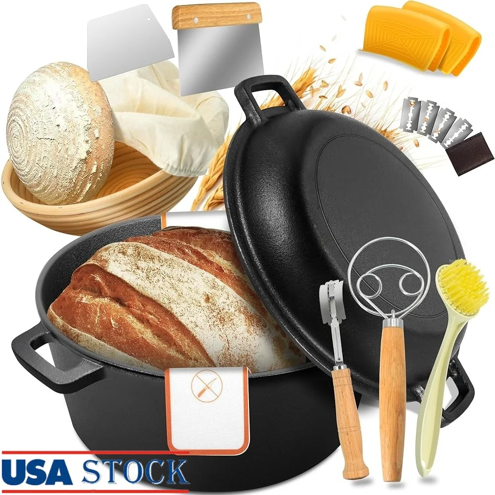 

5QT Pre-Seasoned Cast Iron Dutch Oven with Skillet Lid Sourdough Bread Baking Supplies Perfect Soups Stews Roasting Frying