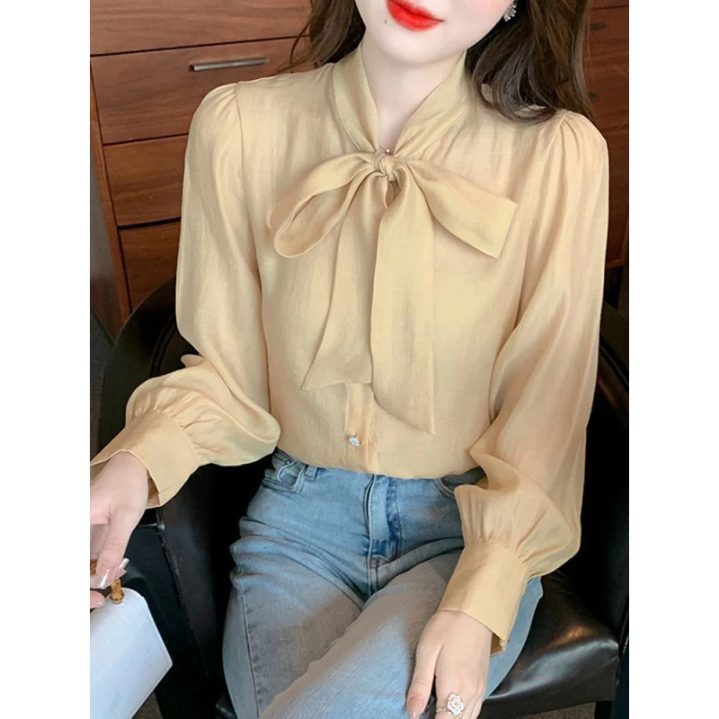 Women\'s Clothing Korean Fashion Bow Lace Up Elegant Shirt Office Lady Commute Chiffon Blouse Casual Solid Long Sleeve Loose Tops