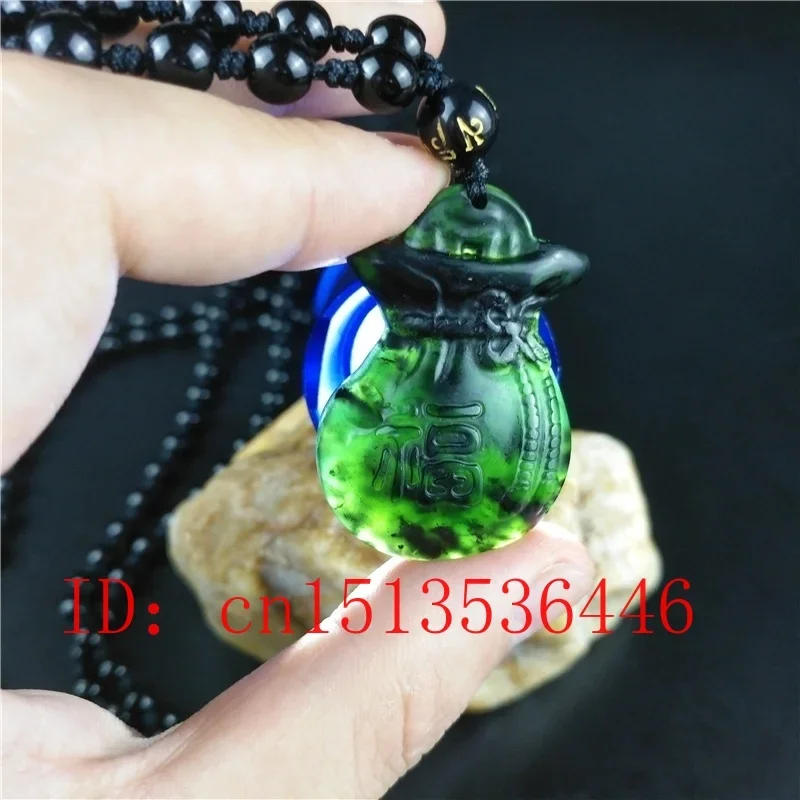 Certyfikowany chiński naturalny czarny zielonego jadeitu Lucky Bag naszyjnik moda urok biżuteria ręcznie rzeźbiony Amulet Top