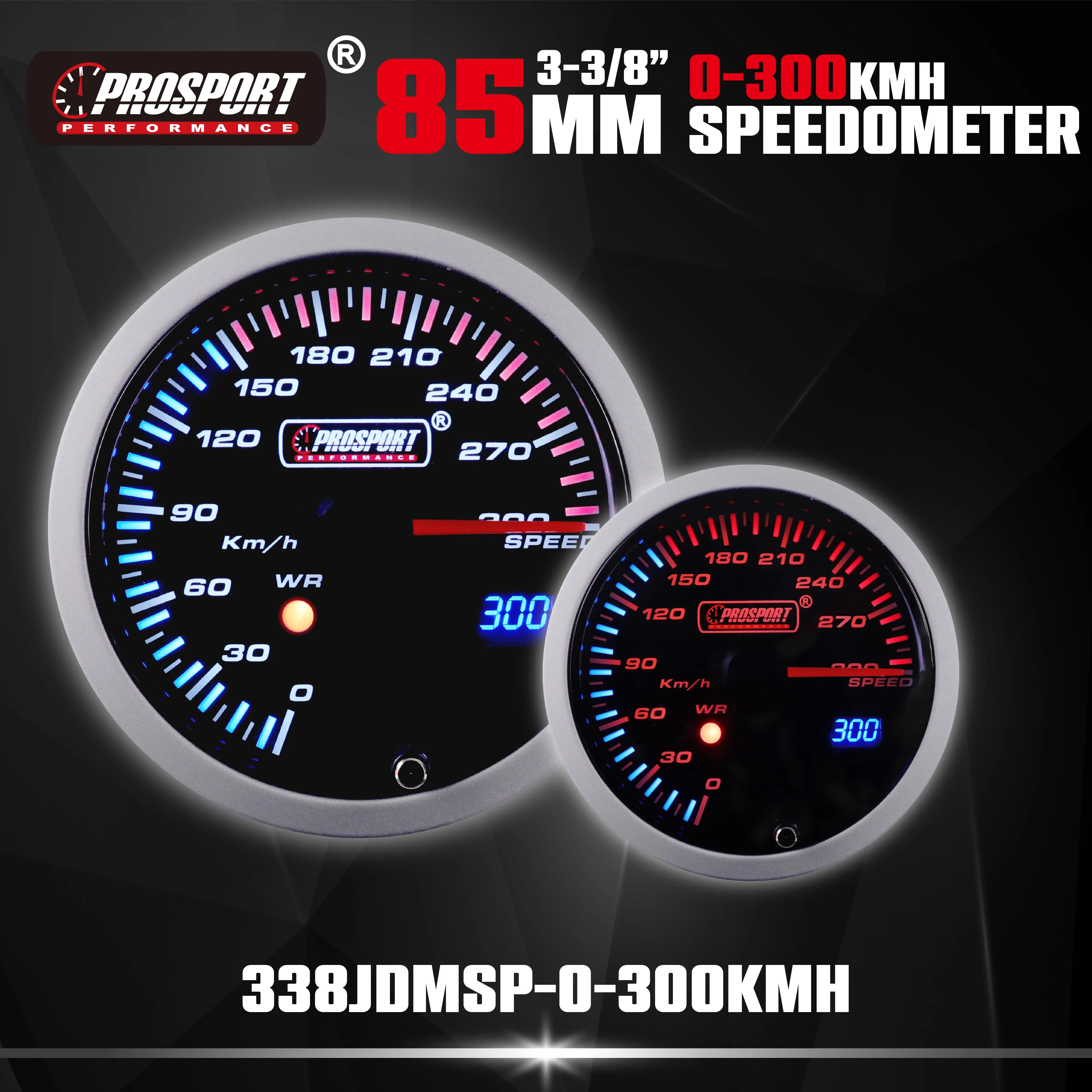 For New Japanese 85mm Tinted Lens Speedometer 0-300 KMH White Amber Backlight Aluminum Bezel Double Vision Warning for