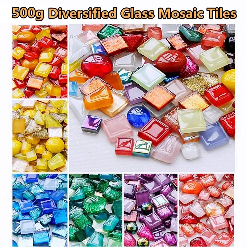 500g/17.63oz Diversified Glass Mosaic Tiles DIY Mosaic Craft Materials Color Vs Shape Mixed Tile Shiny Mosaic Stones