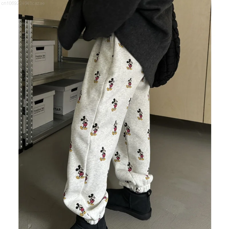 Disney Mickey New Printed Winter Fleece Women Sports Casual Korean Trousers Y2k Female Drawstring Jogger Loose Straight Pants