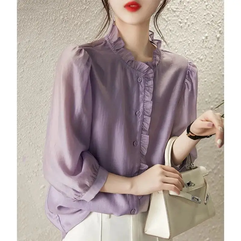 French Style Solid Colored Shirt with Wooden Ear Edge 3/4 Sleeve Cardigan 2023 Summer New Loose Fitting and Breathable Top