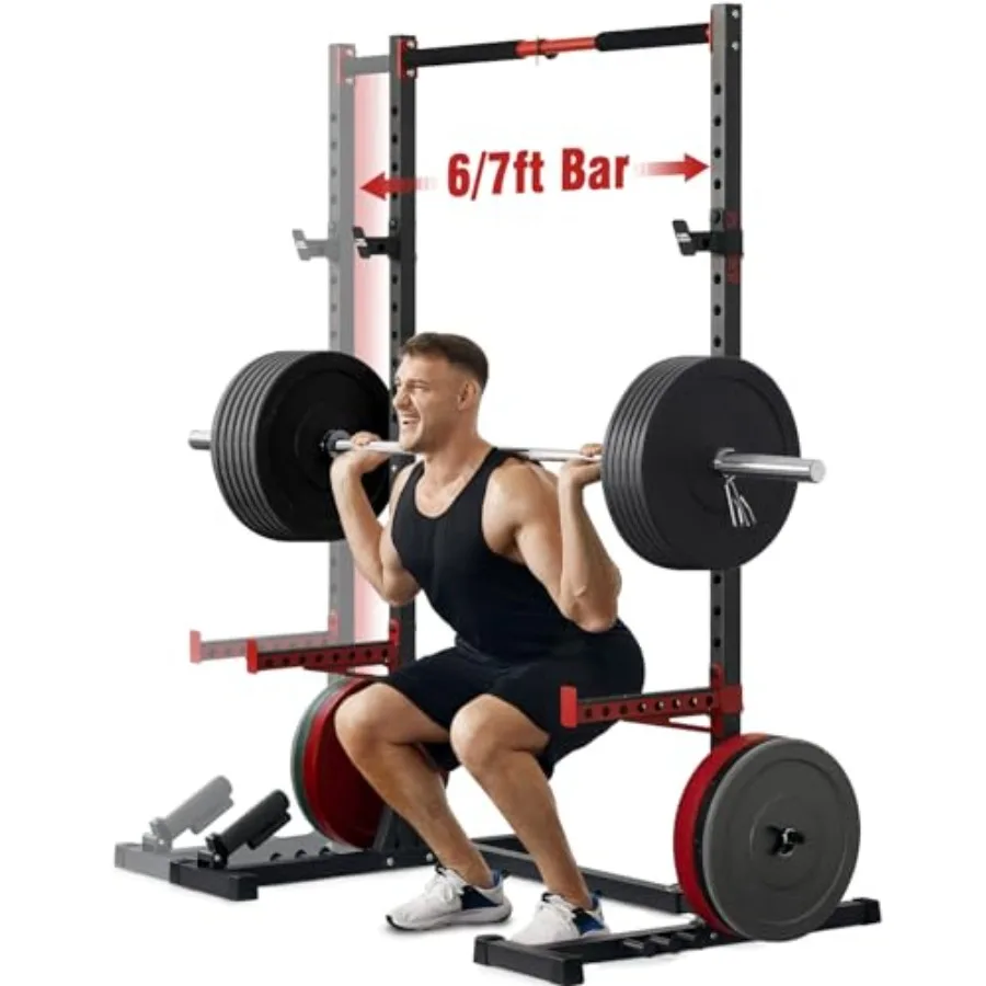 Squat Rack with Pull-Up Bar Multi-Functional Power Rack for Home Gym 22 Safety Position Height Adjustable Width for 6/7ft Barbe